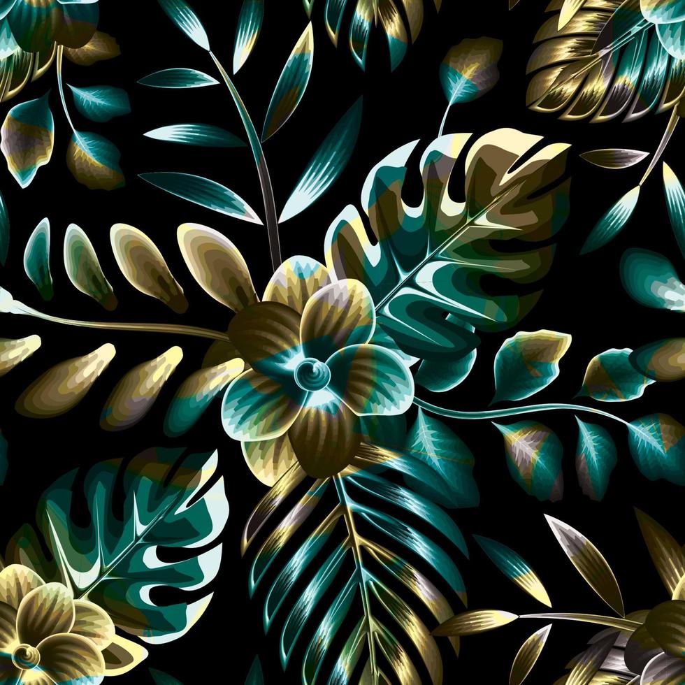 kleurrijk abstract tropisch naadloos patroon met monstera planten gebladerte en frangipani bloemen Aan donker achtergrond. bloemen achtergrond. zomer ontwerp. natuur behang. botanisch kunst. oppervlakte ontwerp. vector