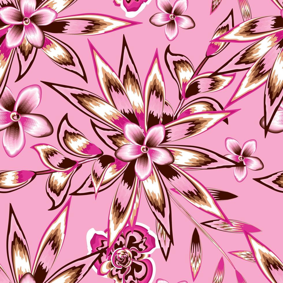 roze abstract kleurrijk tropisch frangipani bloemen naadloos patroon met modieus planten bladeren en gebladerte Aan pastel achtergrond. vector ontwerp afdrukken. bloemen achtergrond. exotisch keerkring. natuur kunst