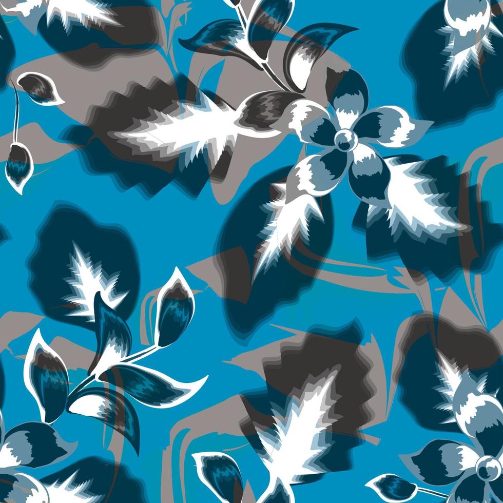 blauw grunge structuur naadloos tropisch patroon met abstract bloemen planten bladeren en gebladerte Aan grijs achtergrond. modern abstract naadloos patroon. natuur elementen. bloemen achtergrond. exotisch tropen vector