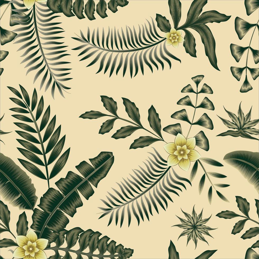 groen wijnoogst kleur tropisch banaan varen bladeren naadloos patroon met geel abstract frangipani bloemen en planten gebladerte Aan beige achtergrond. bloemen achtergrond. exotisch tropen. zomer ontwerp. kunst vector