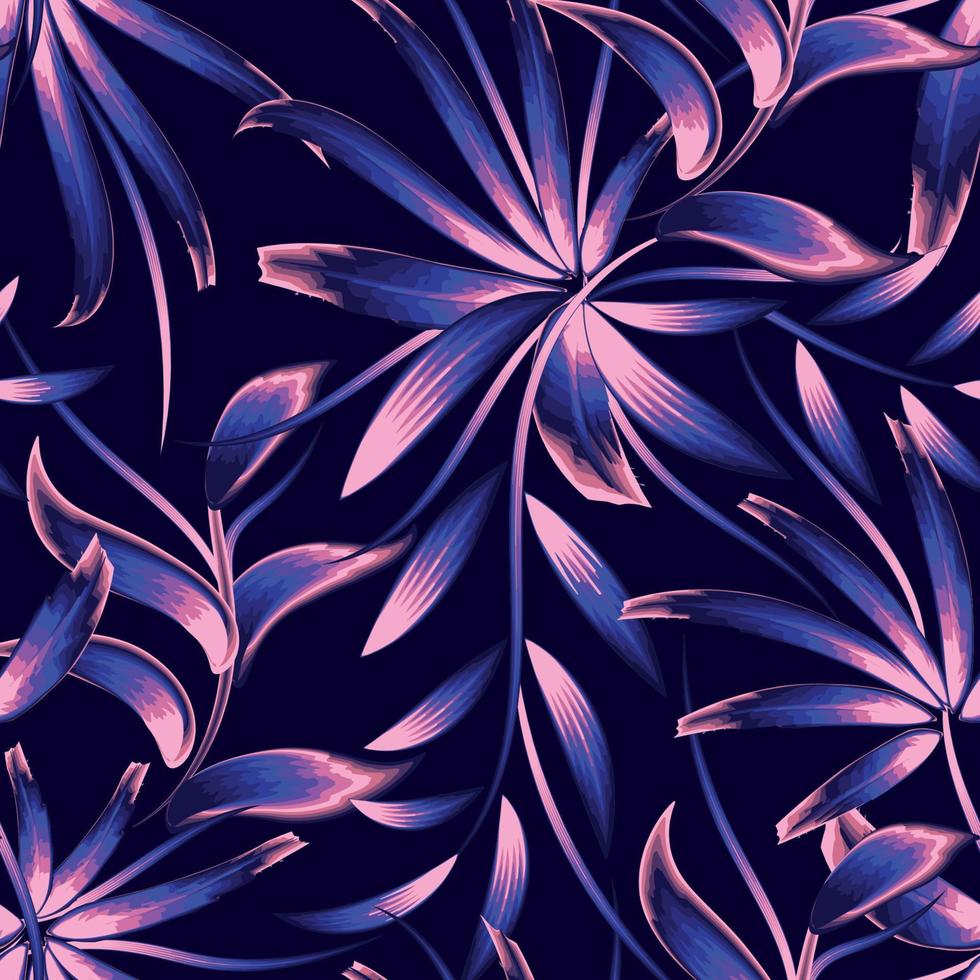 abstract naadloos patroon met kleurrijk tropisch bamboe bladeren en mooi blauw roze planten gebladerte Aan donker achtergrond. monochromatisch stijl. bloemen achtergrond. exotisch tropen. zomer ontwerp. voorjaar vector