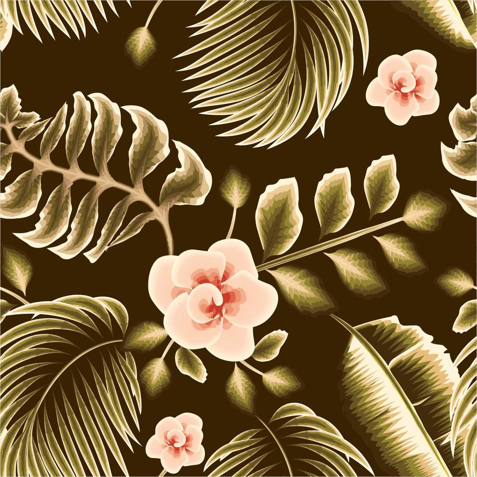 mooi wijnoogst kleur tropisch roze bloemen naadloos patroon met groen monochromatisch banaan palm bladeren en fabriek gebladerte Aan nacht achtergrond. modieus textuur. bloemen achtergrond. zomer ontwerp vector