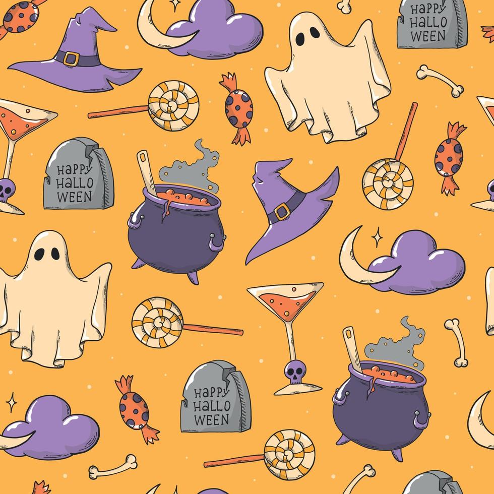 halloween naadloos patroon met hand- getrokken doodles Aan oranje achtergrond. mooi zo voor afdrukken, omhulsel papier, scrapbooken, stationair, verpakking, behang, enz. eps 10 vector