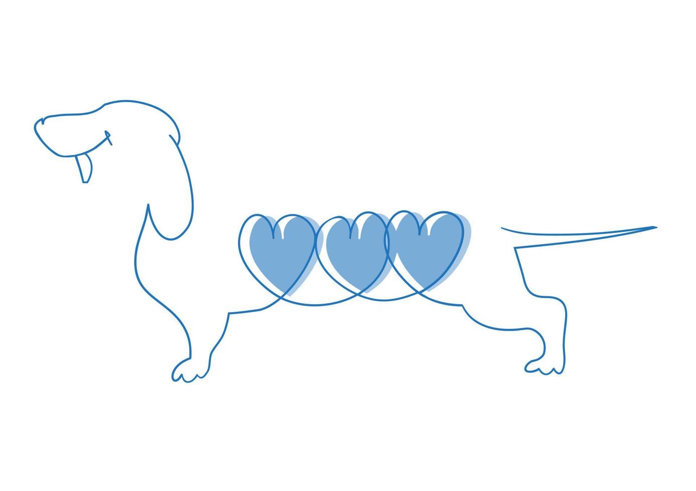 teckel met drie blauw harten. een doorlopend single tekening lijn, vlak tekening, teckel, huisdier, dier, hond, rasecht, hond, vriend. vector