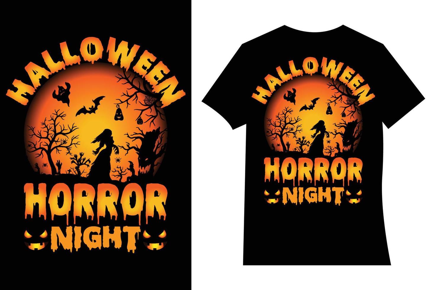 halloween verschrikking nacht t-shirt ontwerp vector tekenfilm stijl illustratie van pompoen, heks kat, en vleermuizen, geïsoleerd Aan zwart achtergrond. afdrukken voor t-shirts, mokken en koffie kopjes, kaarten en kader artwork