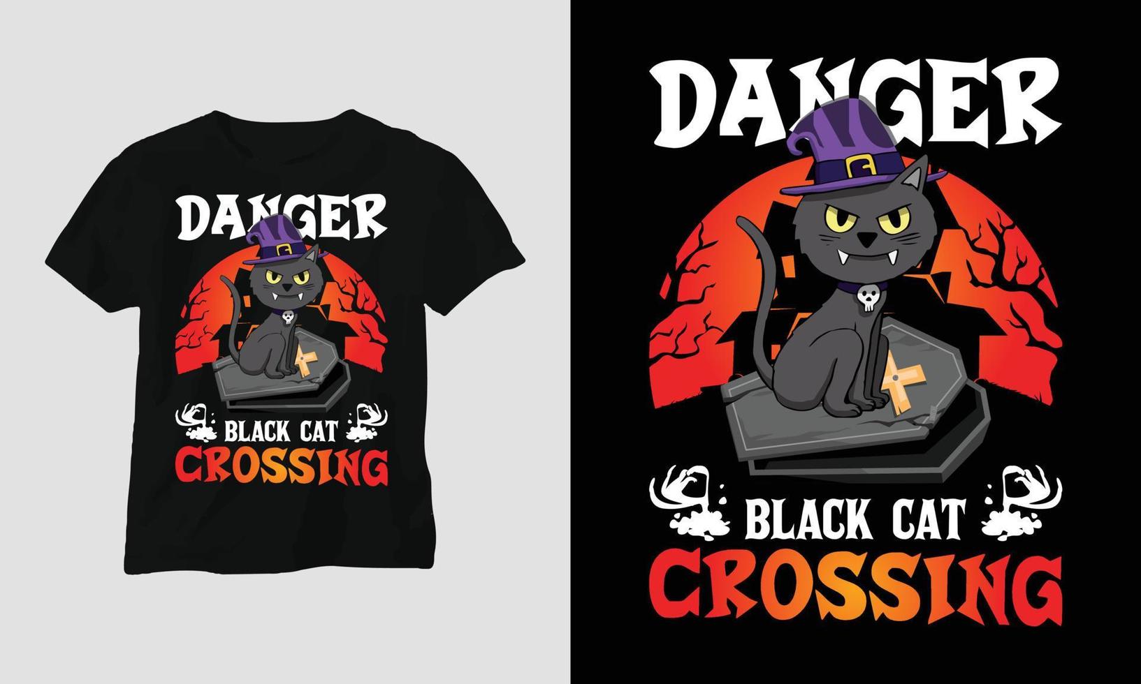 Gevaar zwart kat kruispunt - halloween speciaal t-shirt vector