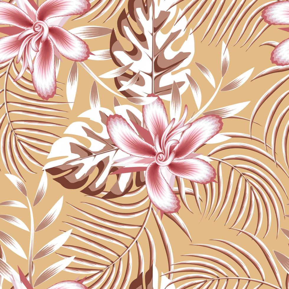 zomer tropisch naadloos patroon met abstract monstera palm bladeren en roze hibiscus bloem fabriek gebladerte Aan licht achtergrond. vector ontwerp. oerwoud afdrukken. bloemen achtergrond. exotisch tropen. herfst