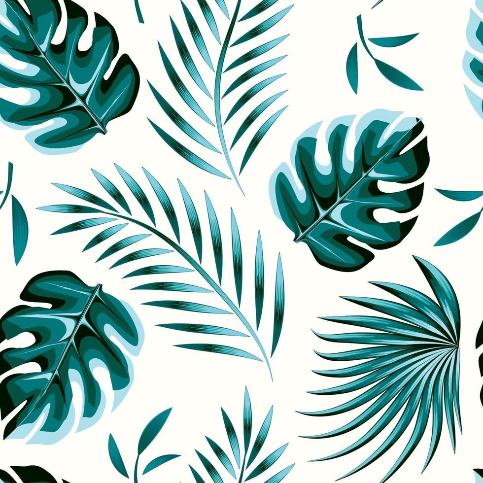 tropisch samenstelling met blauw monstera palm bladeren en planten gebladerte naadloos patroon Aan licht achtergrond. vector ontwerp decoratief. exotisch oerwoud behang. natuur behang. zomer ontwerp. kunst