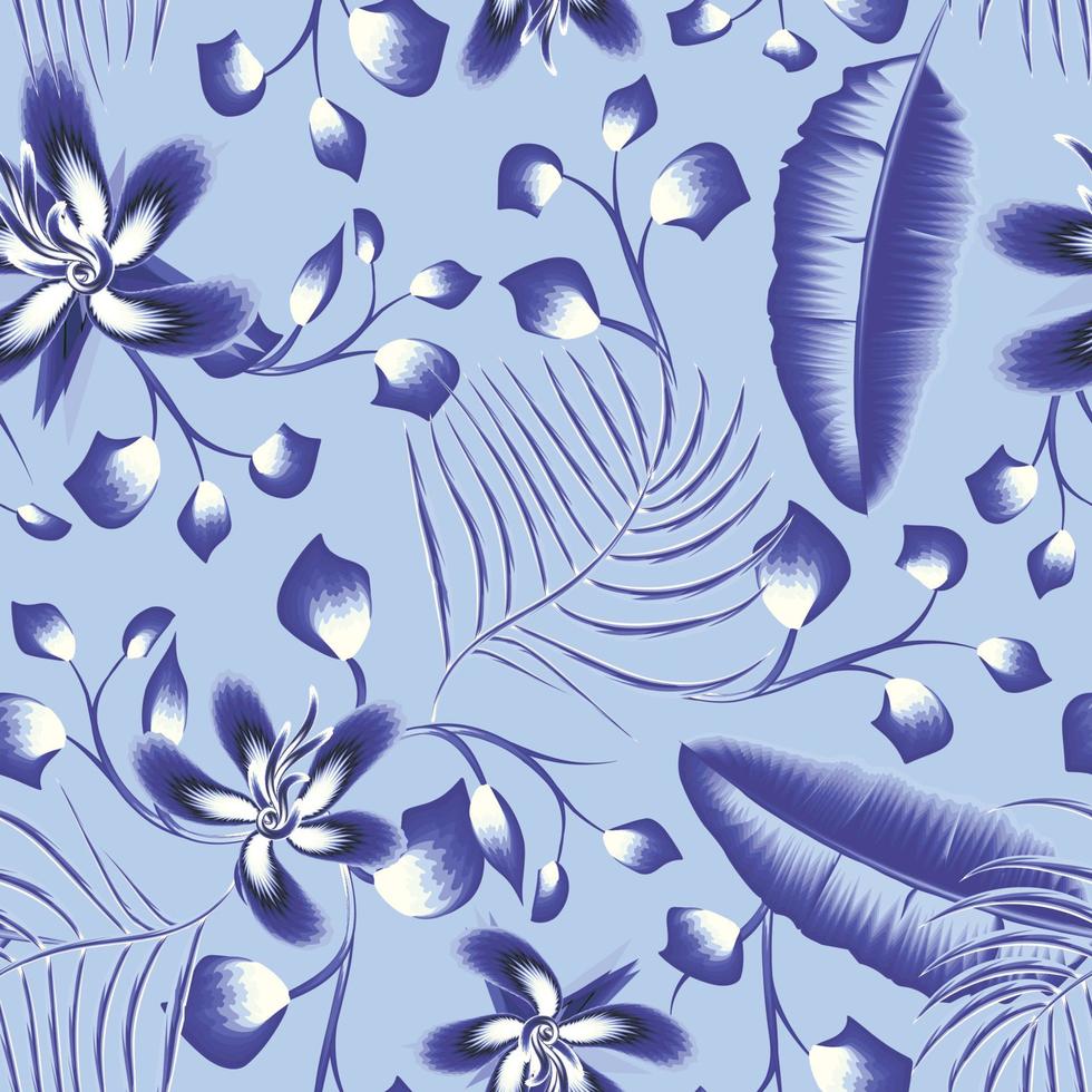 gemakkelijk natuur bloemen achtergrond. naadloos patroon met hand- getrokken abstract hibiscus bloemen en tropisch banaan palm bladeren. contour tekening. mode ontwerp voor textiel of inpakken, ieder oppervlakte vector