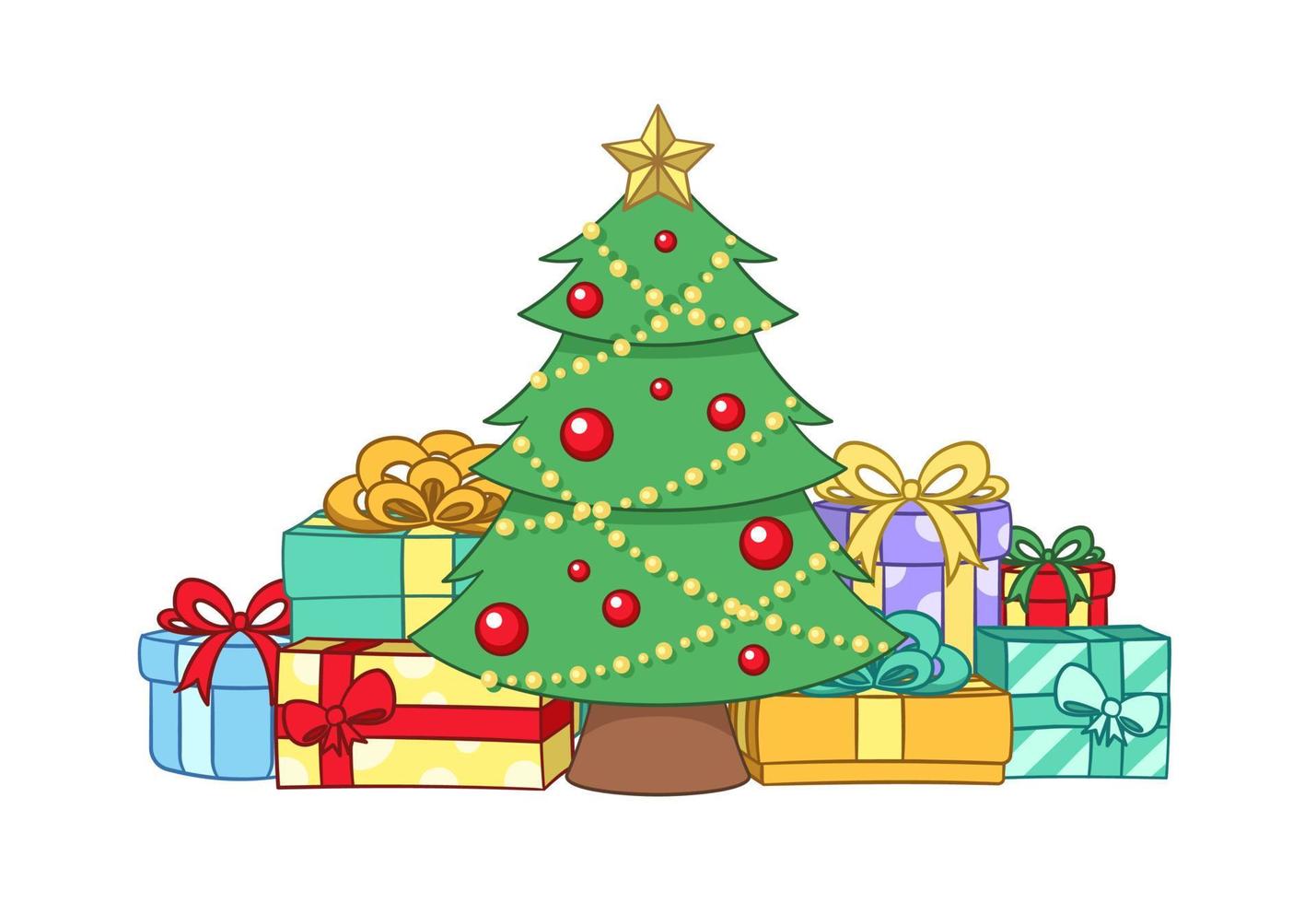 Kerstmis boom met fee lichten, ornamenten en gouden ster omringd door kleurrijk presenteert en geschenk dozen tekenfilm illustratie vector
