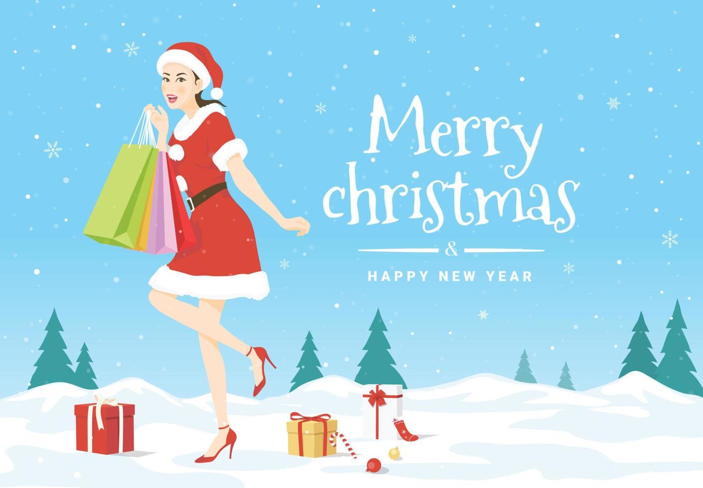 vector illustratie met een mooi vrouw in de kerstman claus kostuum Holding boodschappen doen Tassen Aan ijs sneeuw en veel geschenk dozen van de vrolijk Kerstmis en gelukkig nieuw jaar