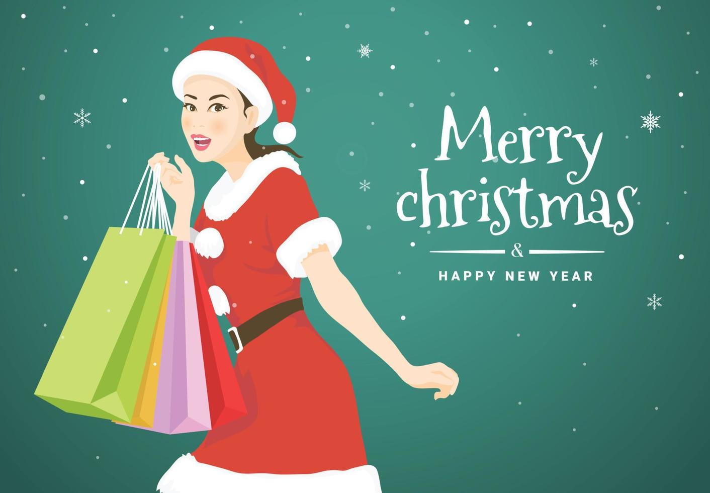 vector illustratie met een mooi vrouw in de kerstman claus kostuum Holding boodschappen doen Tassen van de vrolijk Kerstmis en gelukkig nieuw jaar