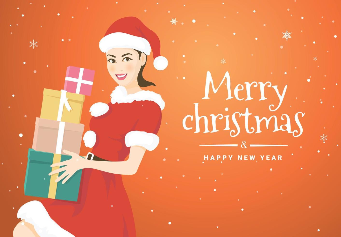 vector illustratie met een mooi vrouw in de kerstman claus kostuum Holding veel geschenk dozen van de vrolijk Kerstmis en gelukkig nieuw jaar