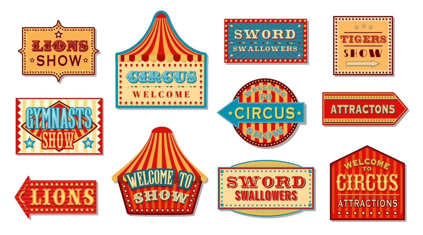 circus tekens, carnaval uithangborden naar kaartjes stand vector