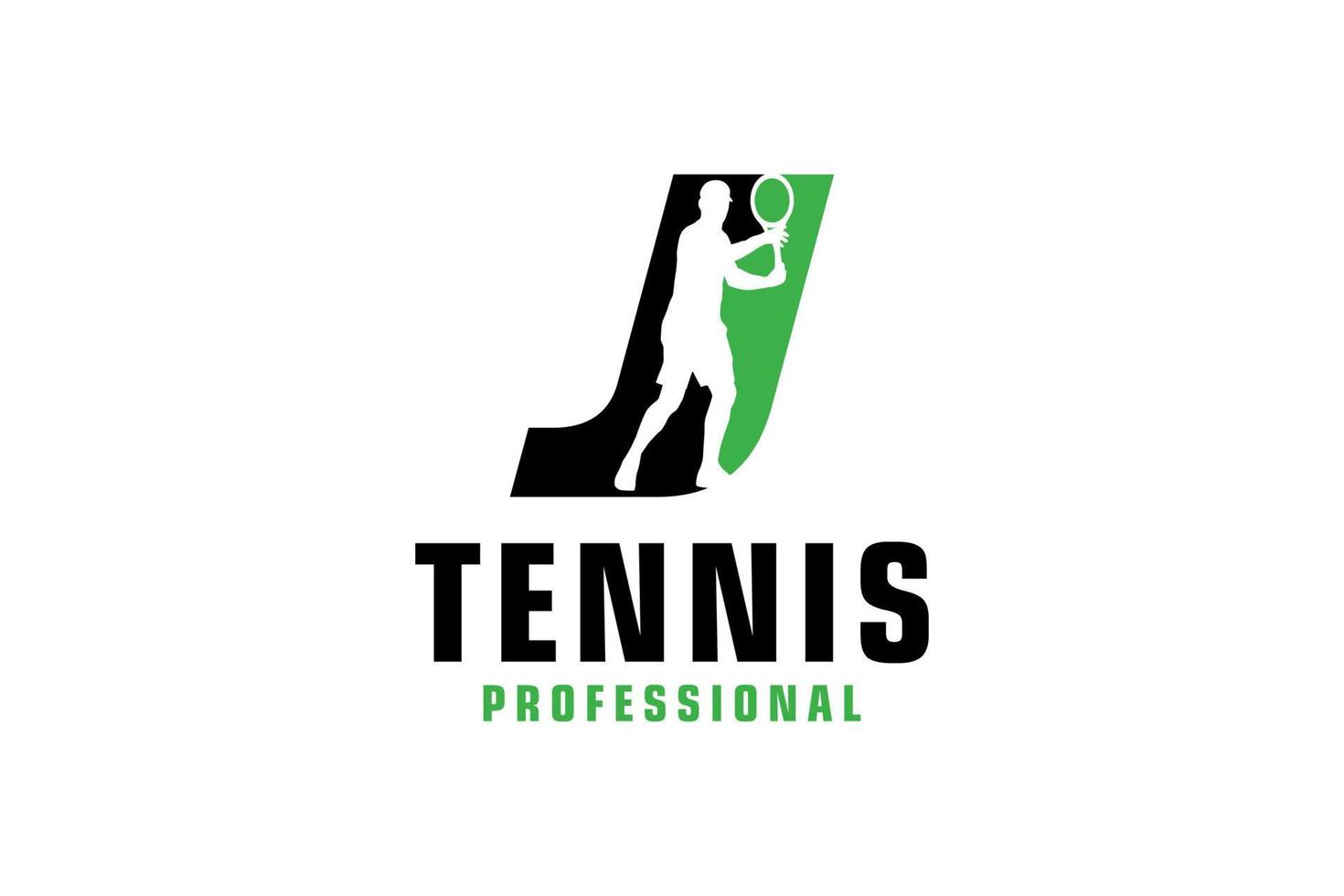 letter j met tennisspeler silhouet logo ontwerp. vectorontwerpsjabloonelementen voor sportteam of huisstijl. vector