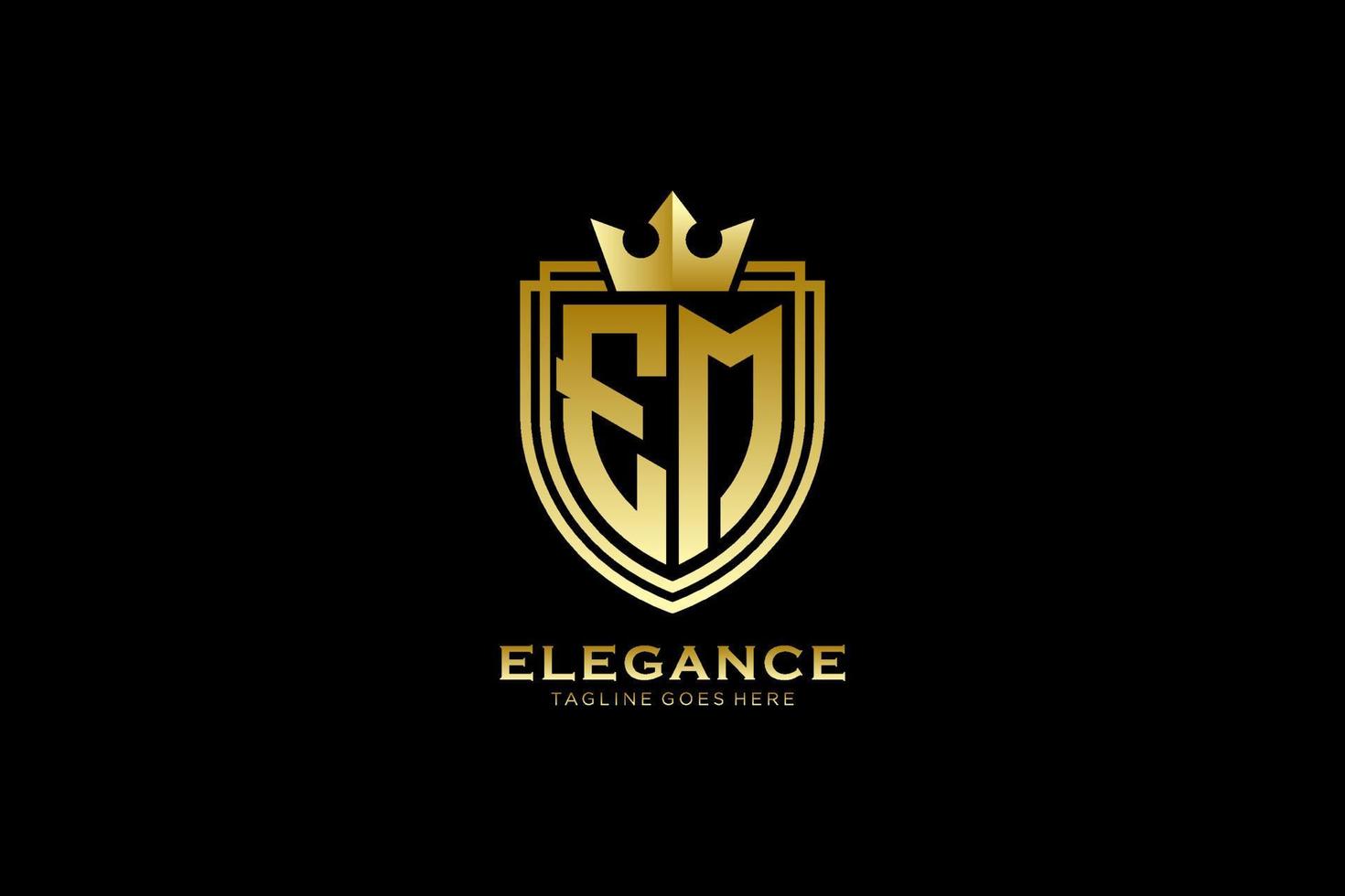 eerste em elegant luxe monogram logo of insigne sjabloon met scrollt en Koninklijk kroon - perfect voor luxueus branding projecten vector