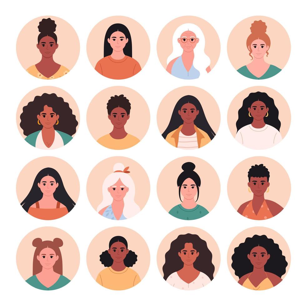 Dames avatar set. Dames van verschillend leeftijd, rassen, uiterlijk. multicultureel samenleving. sociaal verscheidenheid van mensen in modern maatschappij vector