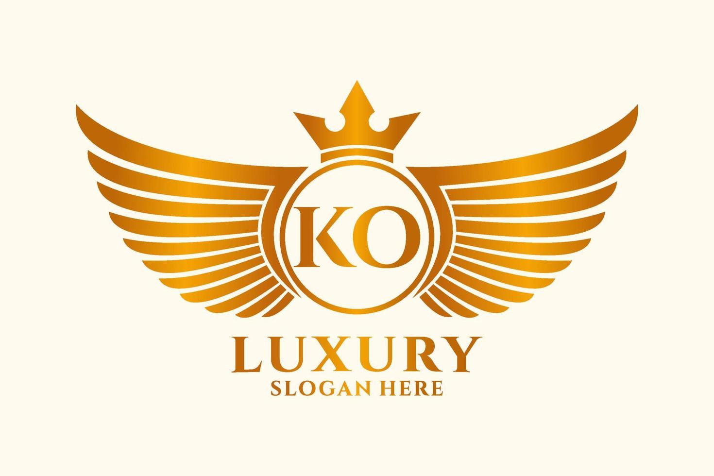 luxe Koninklijk vleugel brief ko kam goud kleur logo vector, zege logo, kam logo, vleugel logo, vector logo sjabloon.