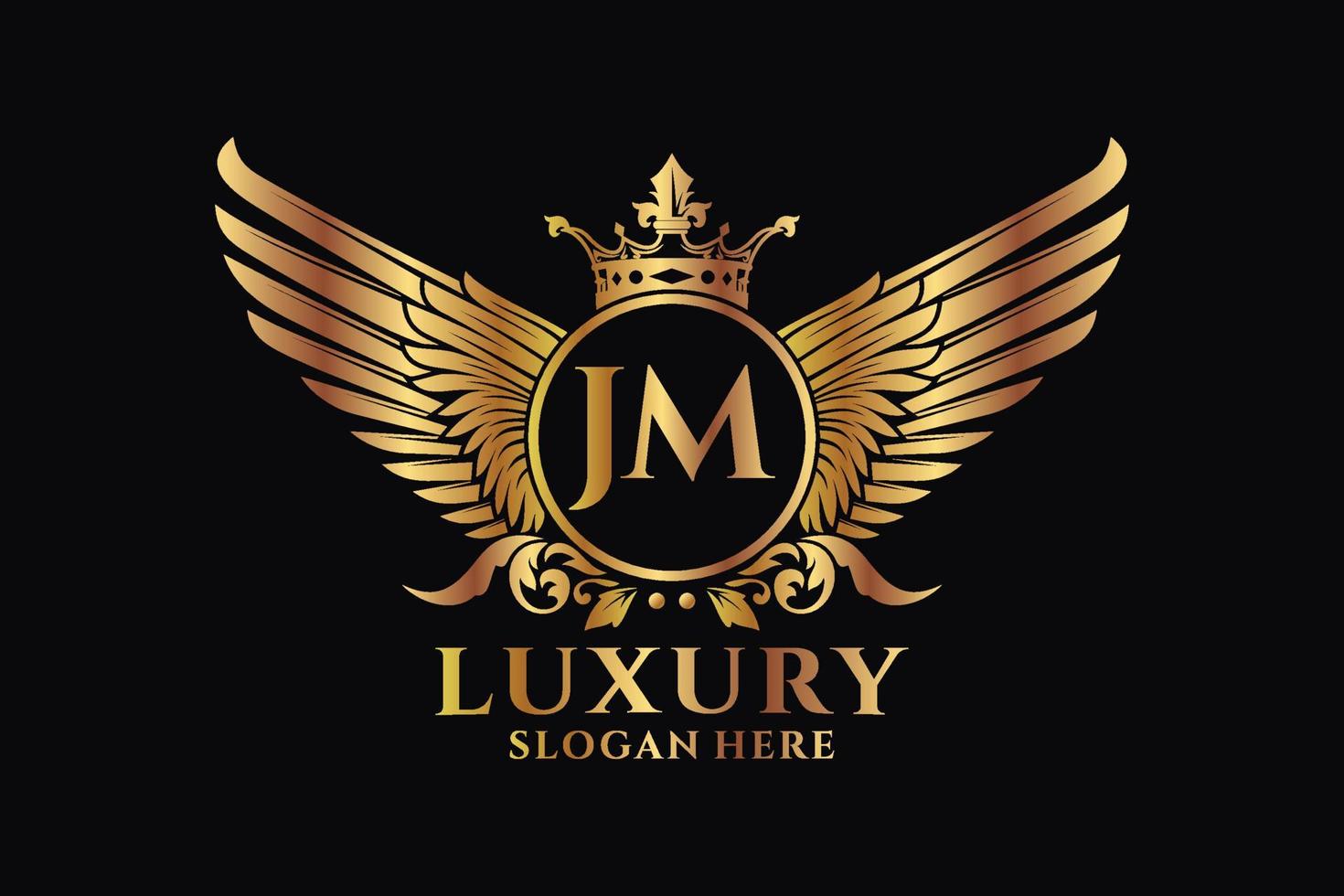 luxe Koninklijk vleugel brief jm kam goud kleur logo vector, zege logo, kam logo, vleugel logo, vector logo sjabloon.