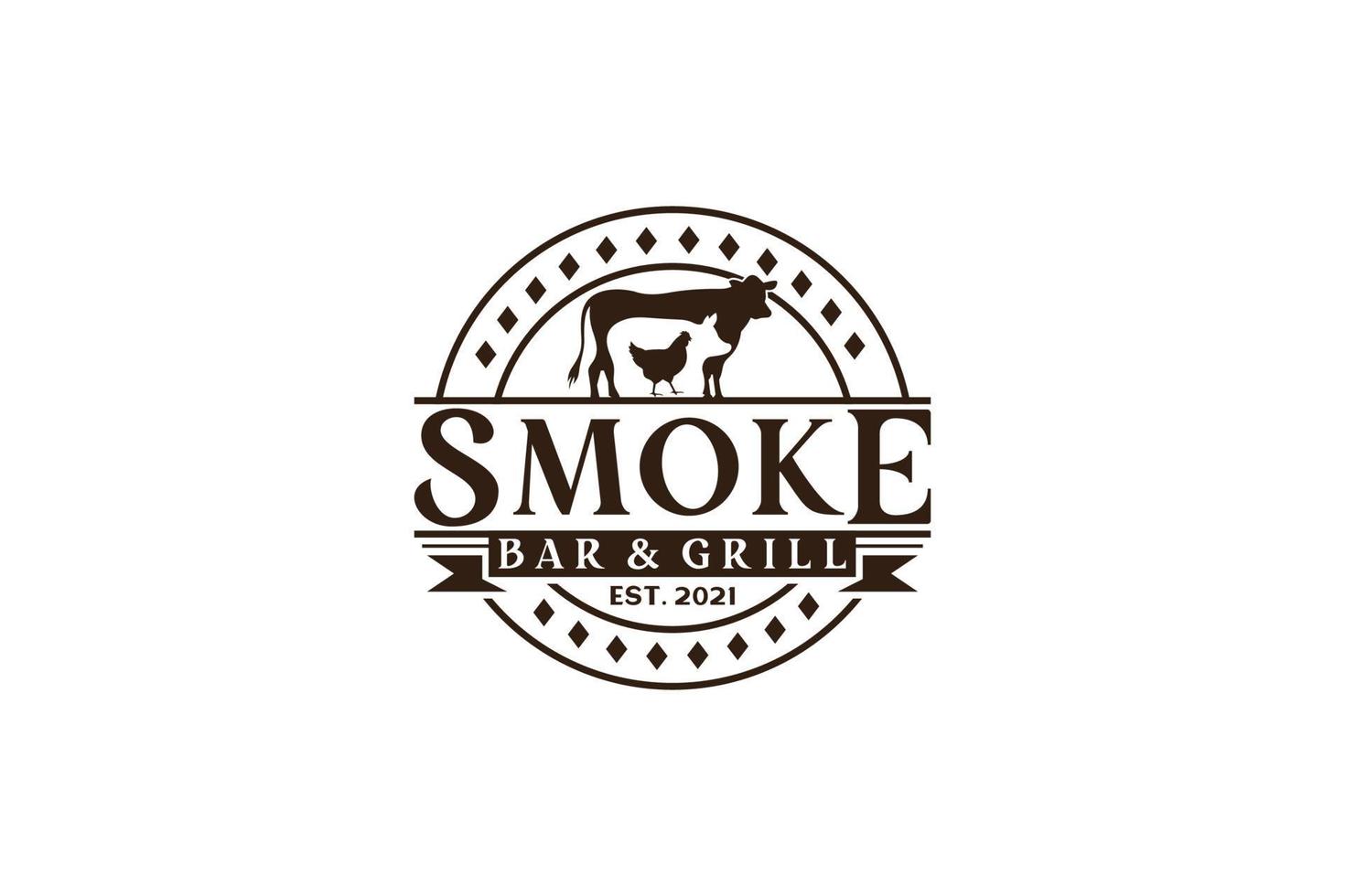 vintage retro rustieke bbq grill, barbecue, barbecue label stempel logo ontwerp vector