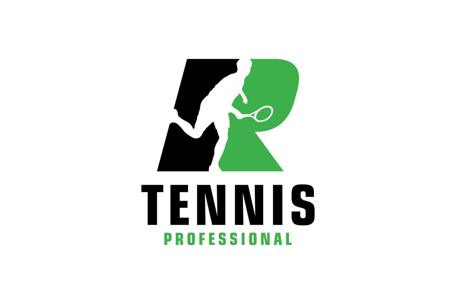 letter r met tennisspeler silhouet logo ontwerp. vectorontwerpsjabloonelementen voor sportteam of huisstijl. vector