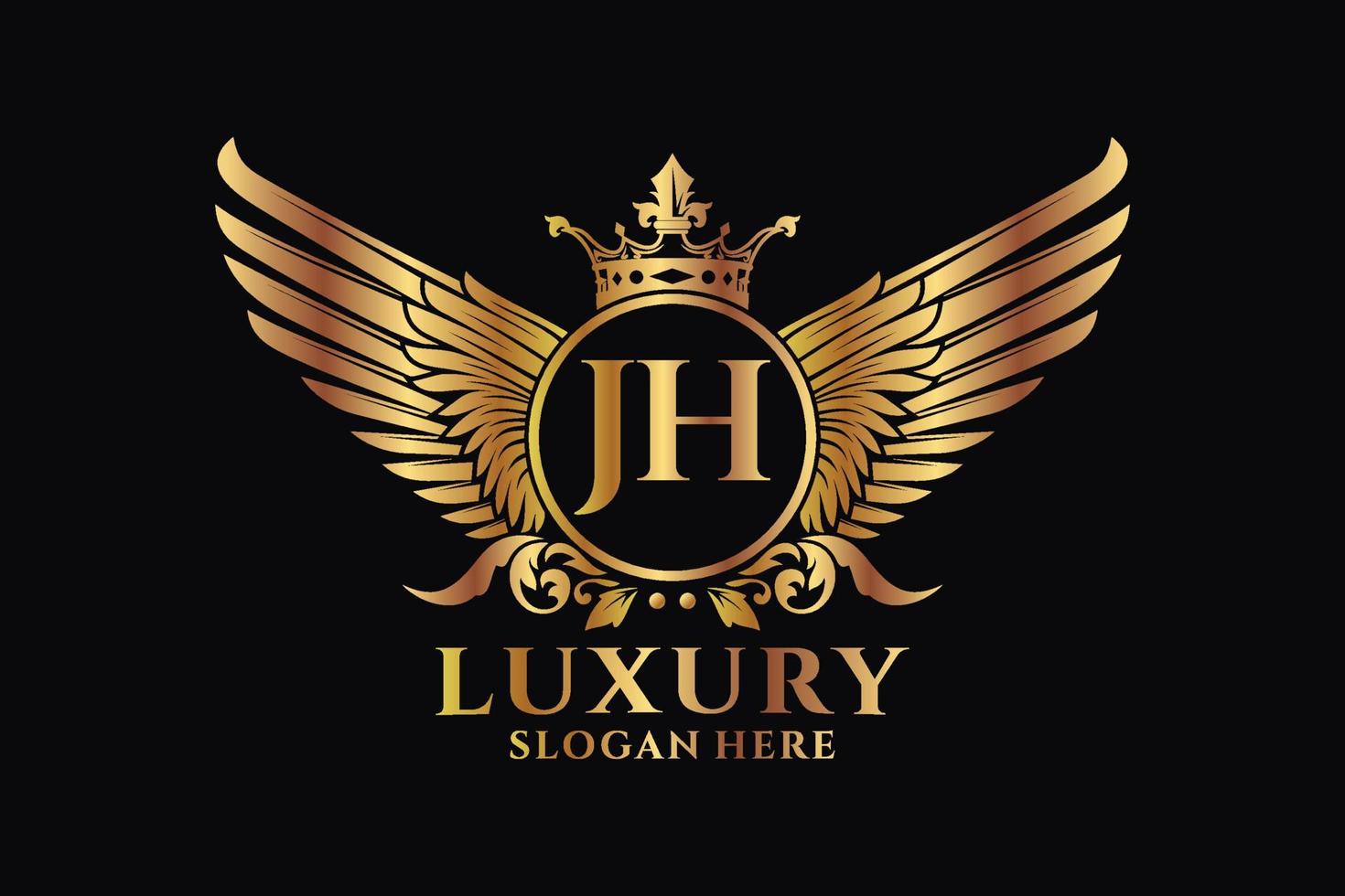 luxe Koninklijk vleugel brief jh kam goud kleur logo vector, zege logo, kam logo, vleugel logo, vector logo sjabloon.