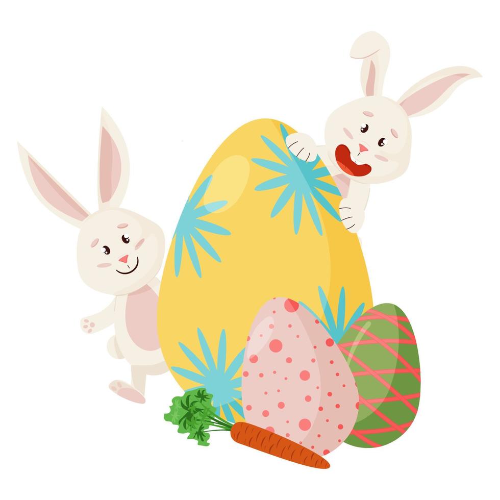 konijntjes karakter. gluurt uit van eieren, wortel. grappig, gelukkig Pasen konijnen. vector