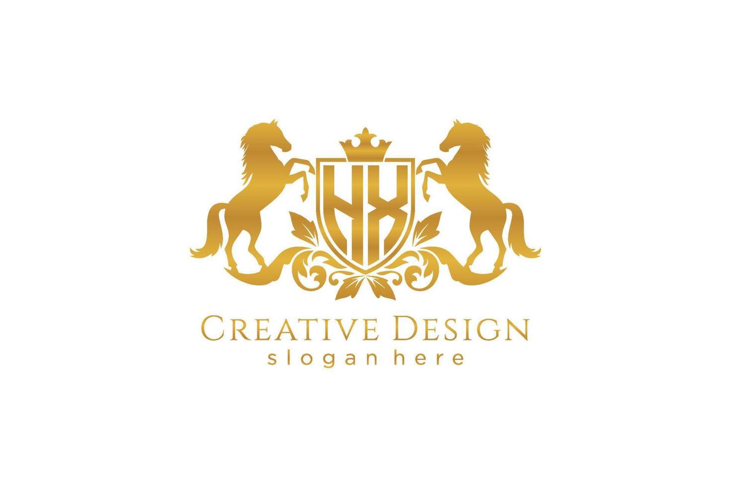 eerste hx retro gouden kam met schild en twee paarden, insigne sjabloon met scrollt en Koninklijk kroon - perfect voor luxueus branding projecten vector