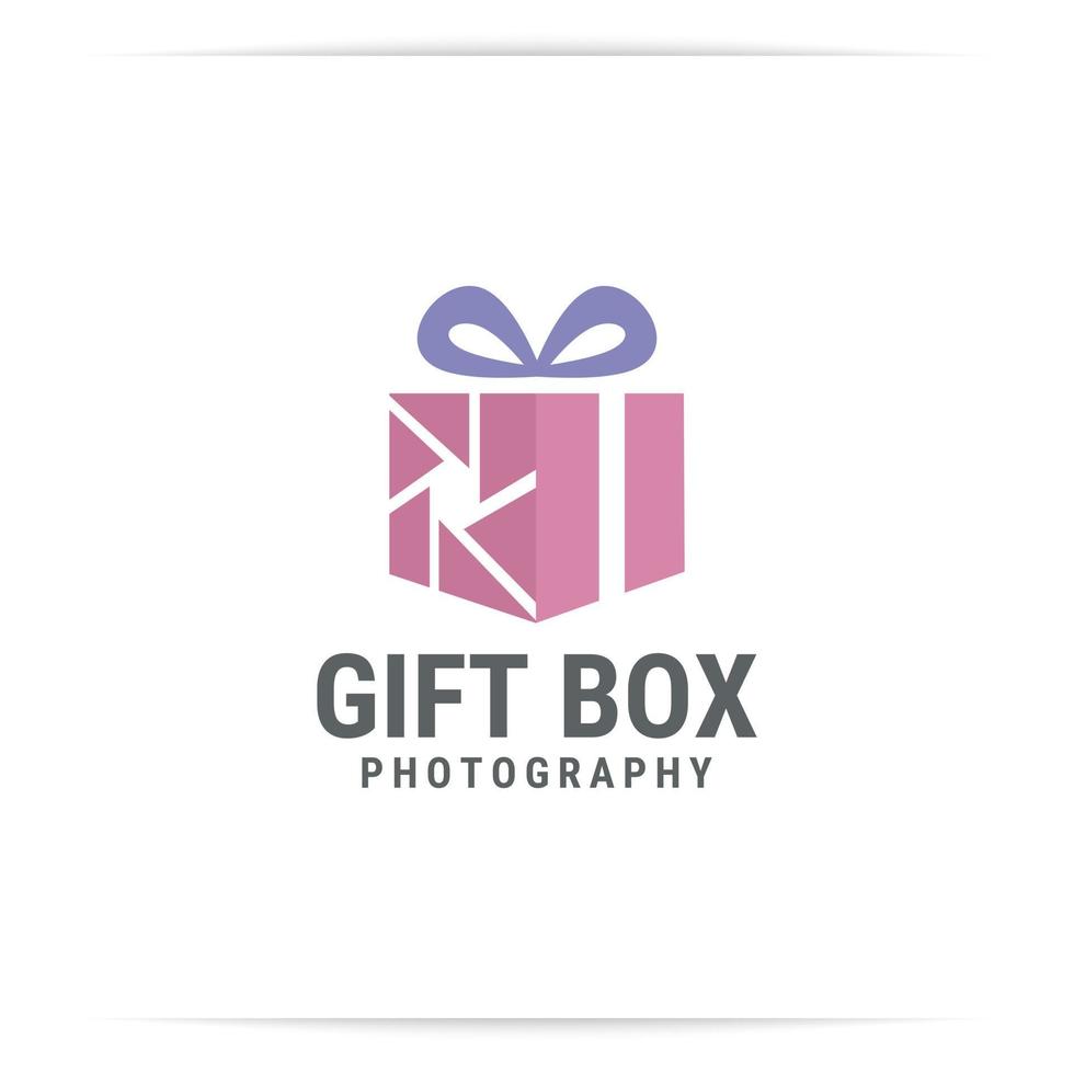 geschenk doos foto logo ontwerp vector, camera, lens, vierkant. vector