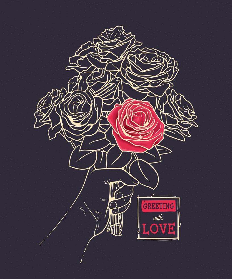 boeket van rozen gehouden door een vrouw hand- vector lijn kunst illustratie