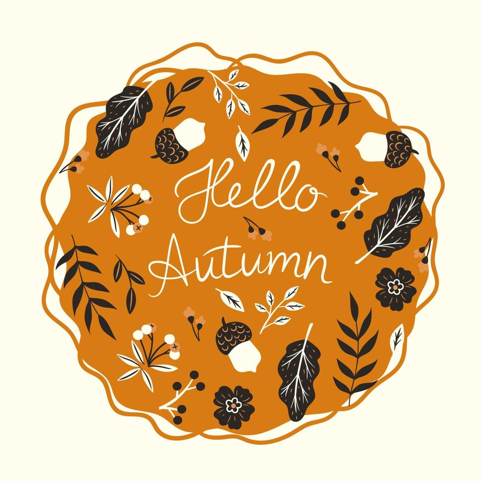 ronde samenstelling met herfst bladeren, bessen, eikels en de opschrift Hallo herfst. vector grafiek.