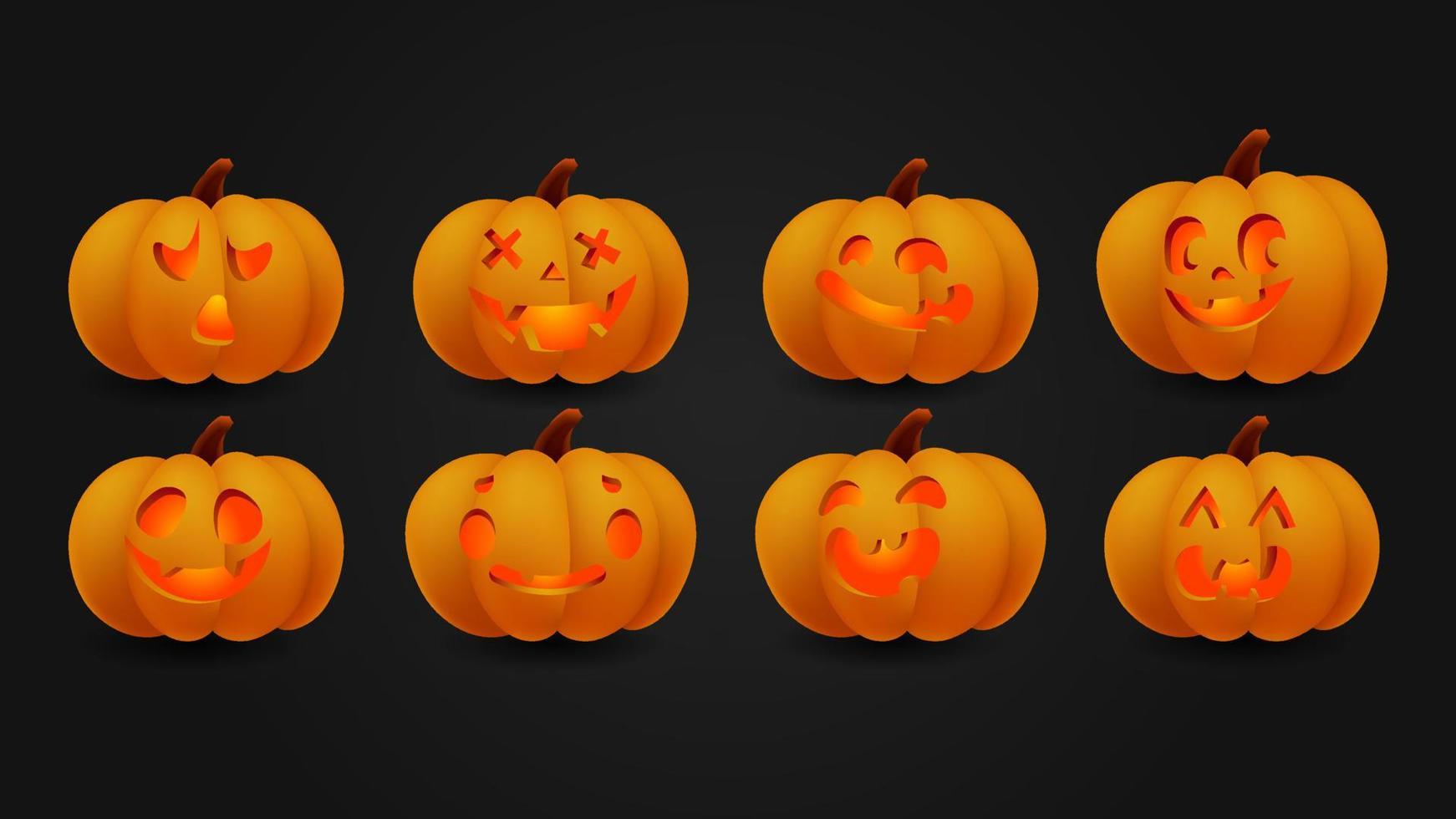 verzameling van halloween schattig pompoenen met gesneden gezichten silhouetten. oranje rood 3d gloeiend emoties. sjabloon met verscheidenheid van ogen, monden en neuzen voor besnoeiing uit jack O lantaarn. vector illustratie