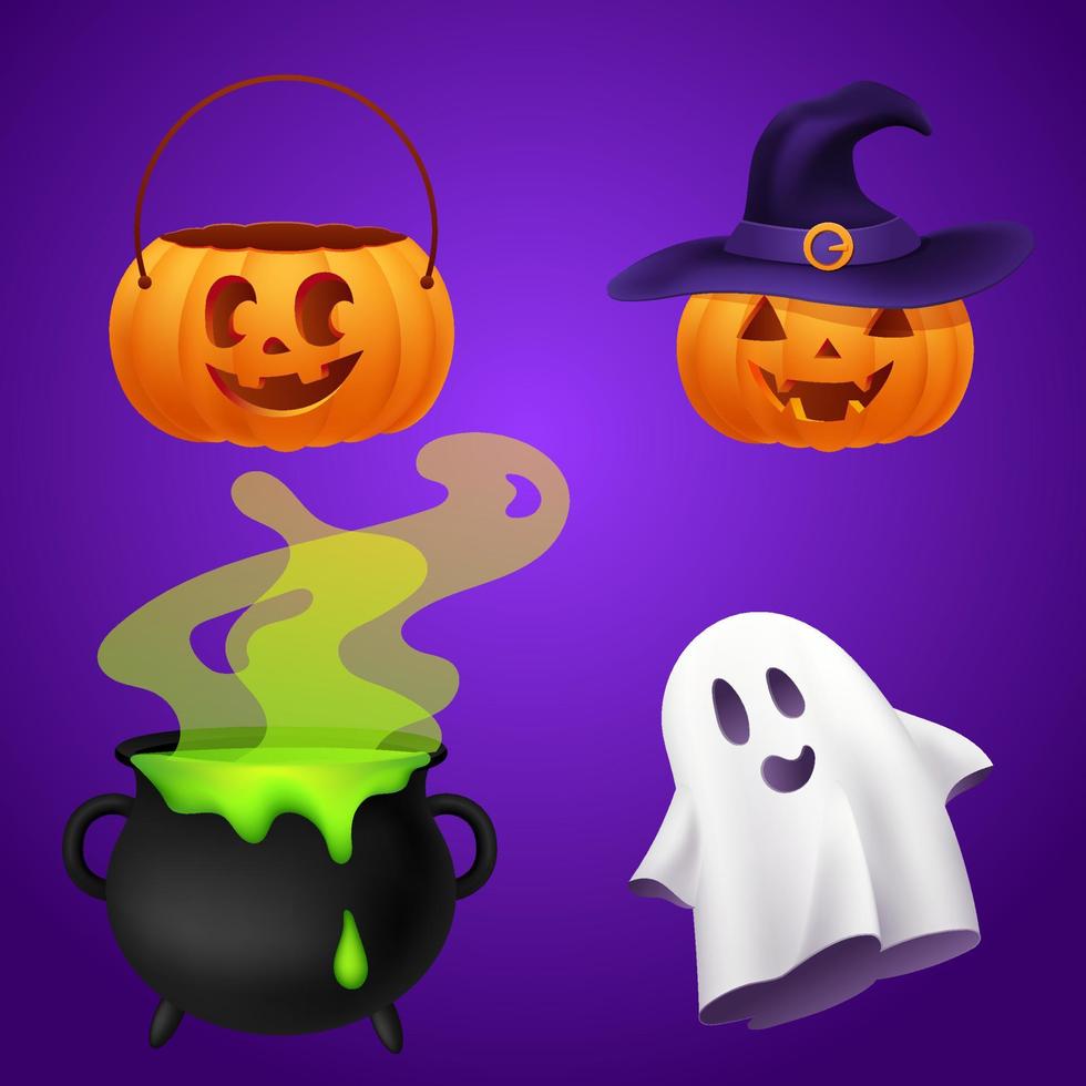 halloween reeks van oranje pompoen jack O lantaarn met gesneden glimlachen gezicht in Purper heks hoed, snoep tas, zwart ketel met groen kleverig toverdrank, wit geest geest of klopgeest. stickers verzameling vector