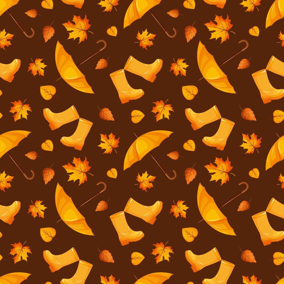 naadloos patroon met rubber laarzen, paraplu en herfst bladeren in geel Aan bruin donker achtergrond vector