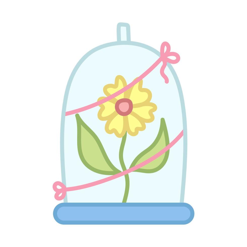 bloem onder een glas kap. geschenk met lintje. tekenfilm stijl. hand- getrokken vector illustratie geïsoleerd Aan wit achtergrond.