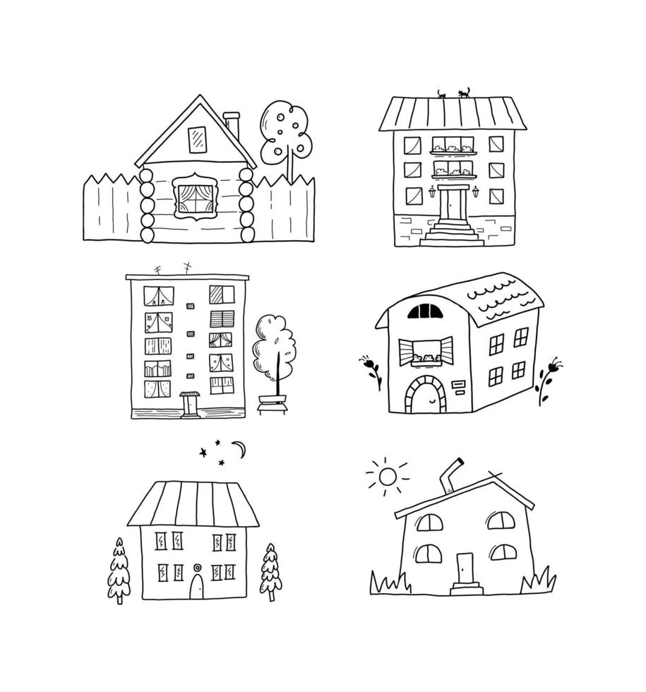 gemakkelijk huizen tekening set. een verzameling van zwart en wit stedelijk en landelijk huizen geïsoleerd Aan een wit achtergrond in een hand geschilderd stijl vector