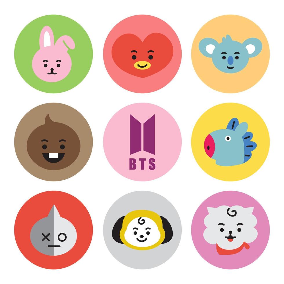 icoon reeks bt21 karakter. een schattig gezicht tekenfilm. geschikt voor smartphone behang, afdrukken, poster, flyers, groet kaart, enz. vector