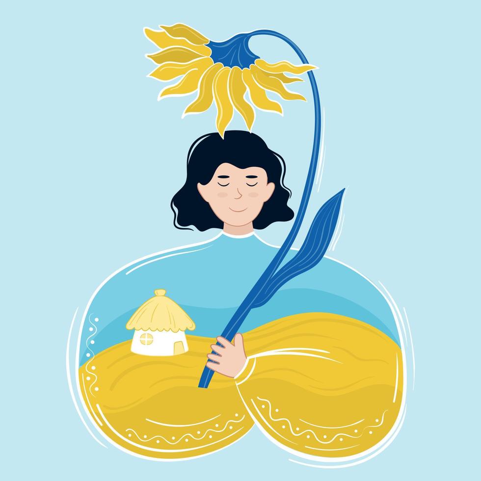 oekraïens vrouw met huis en zonnebloem in Oekraïne in hart vector