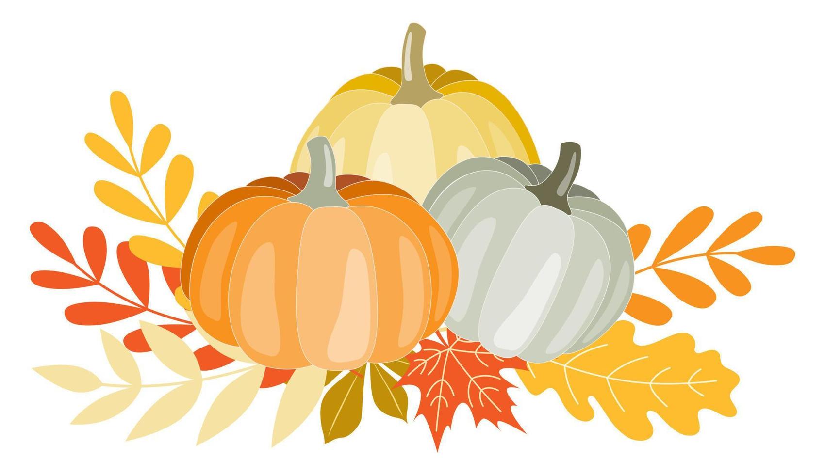 clip art illustratie samenstelling van verschillend pompoenen en bladeren in warm herfst kleuren. reeks van geïsoleerd voorwerpen. dankzegging, halloween of oogst viering gebruiken, kaarten ontwerp, scrapbooken. vector