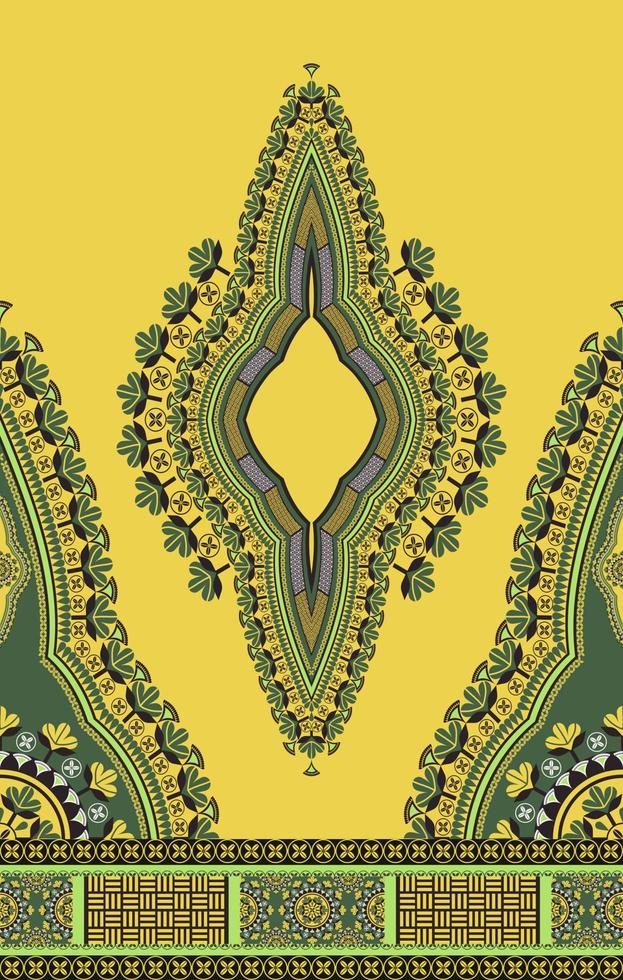 etnisch west Afrikaanse dashiki jurk kleurrijk groen bloemen patroon Aan geel achtergrond. tribal kunst overhemden mode. nek borduurwerk ornamenten. vector