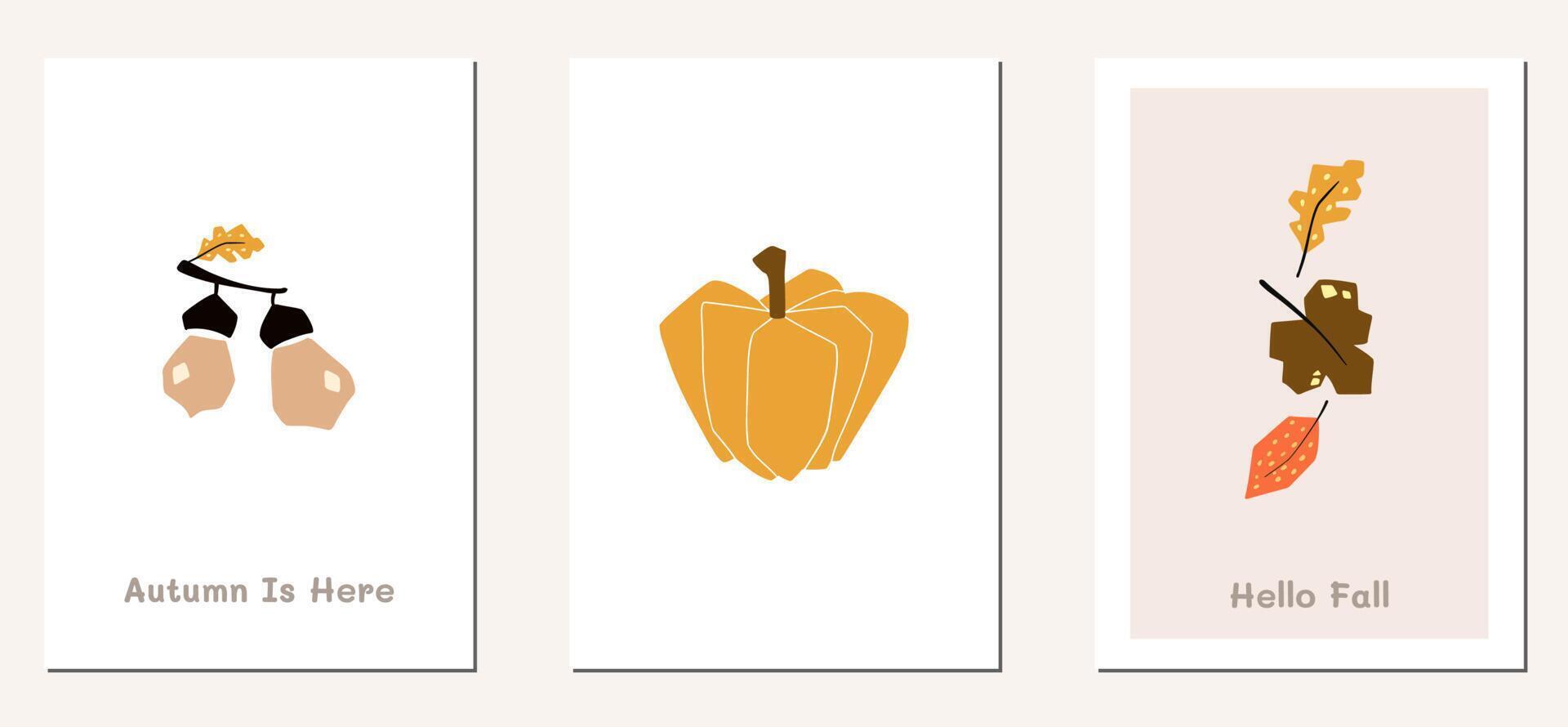 herfst stemming poster wenskaartsjabloon. welkom herfst seizoen thanksgiving uitnodiging. minimalistische ansichtkaart natuur bladeren, bomen, pompoenen, abstracte vormen. vectorillustratie in platte cartoonstijl vector