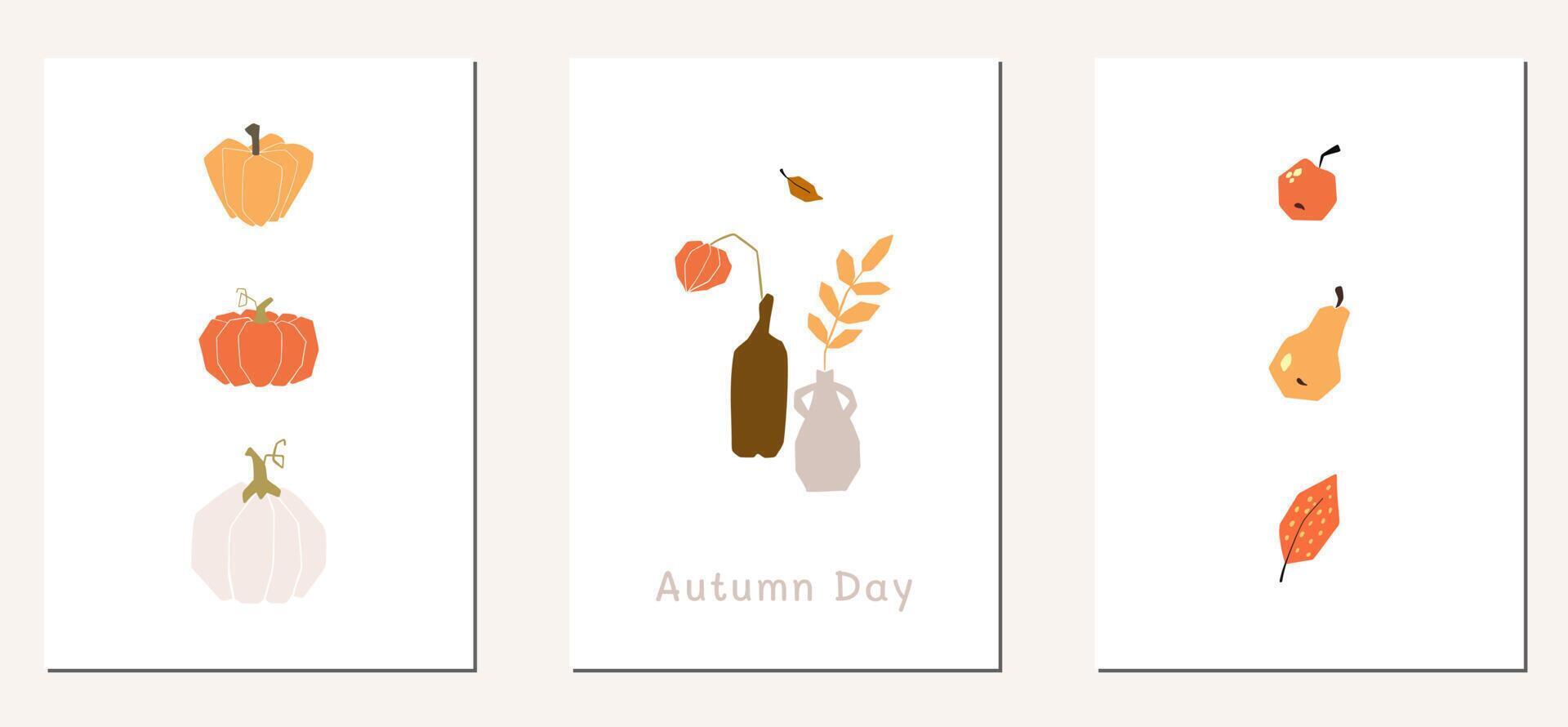 herfst stemming poster wenskaartsjabloon. welkom herfst seizoen thanksgiving uitnodiging. minimalistische ansichtkaart natuur bladeren, bomen, pompoenen, abstracte vormen. vectorillustratie in platte cartoonstijl vector