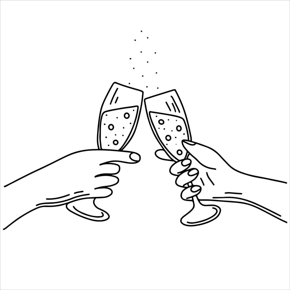 handen Holding bril met Champagne in hand- getrokken tekening stijl. feestelijk vieren concept. vector illustratie.