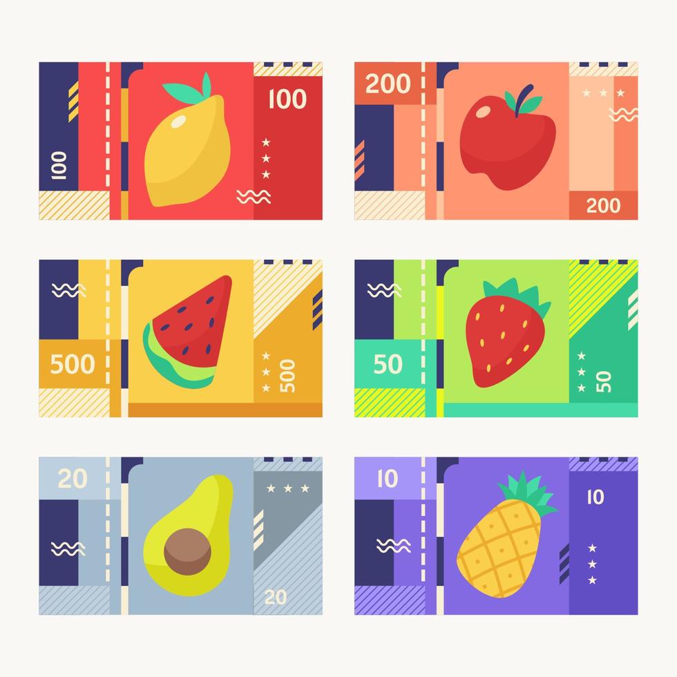 nep papier geld met fruit elementen voor spellen vector