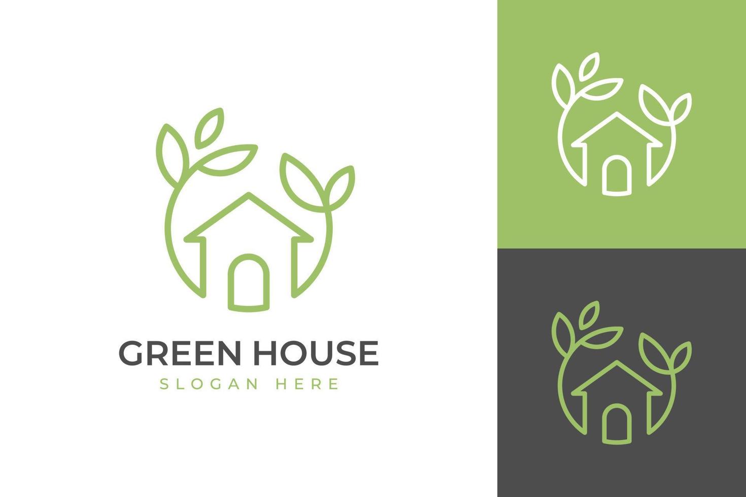 natuur groen huis logo ontwerp lijn kunst stijl vector symbool icoon ontwerp met blad cirkel huis concept, eco vriendelijk huis logo ontwerp