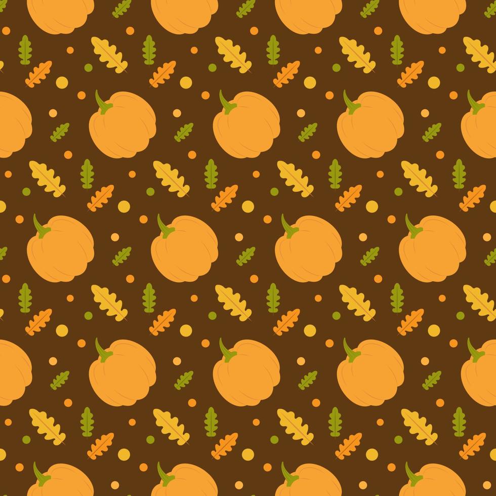 naadloos patroon met pompoenen en herfst bladeren Aan donker bruin achtergrond. perfect voor halloween kaarten, spandoeken, kleding stof, uitnodigingen, affiches, het drukken vector