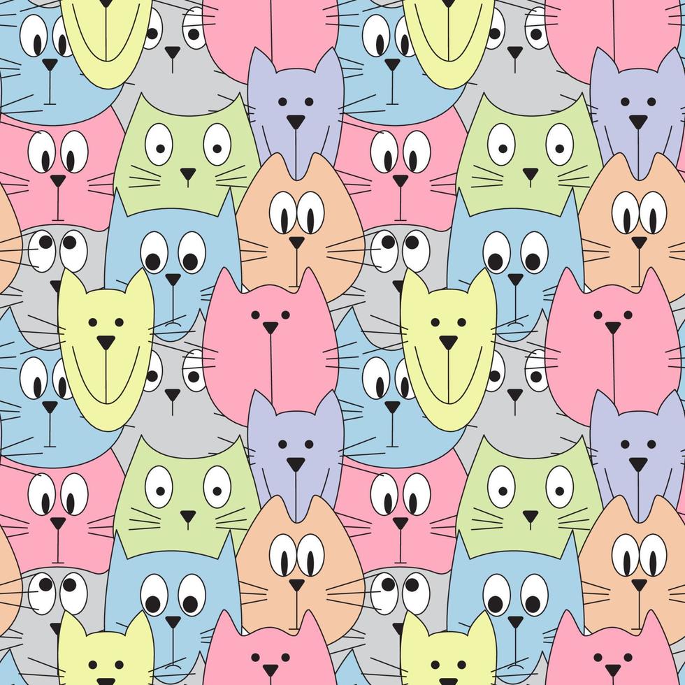 hand- getrokken schattig katten gezichten naadloos patroon. kleurrijk vector kinderachtig achtergrond