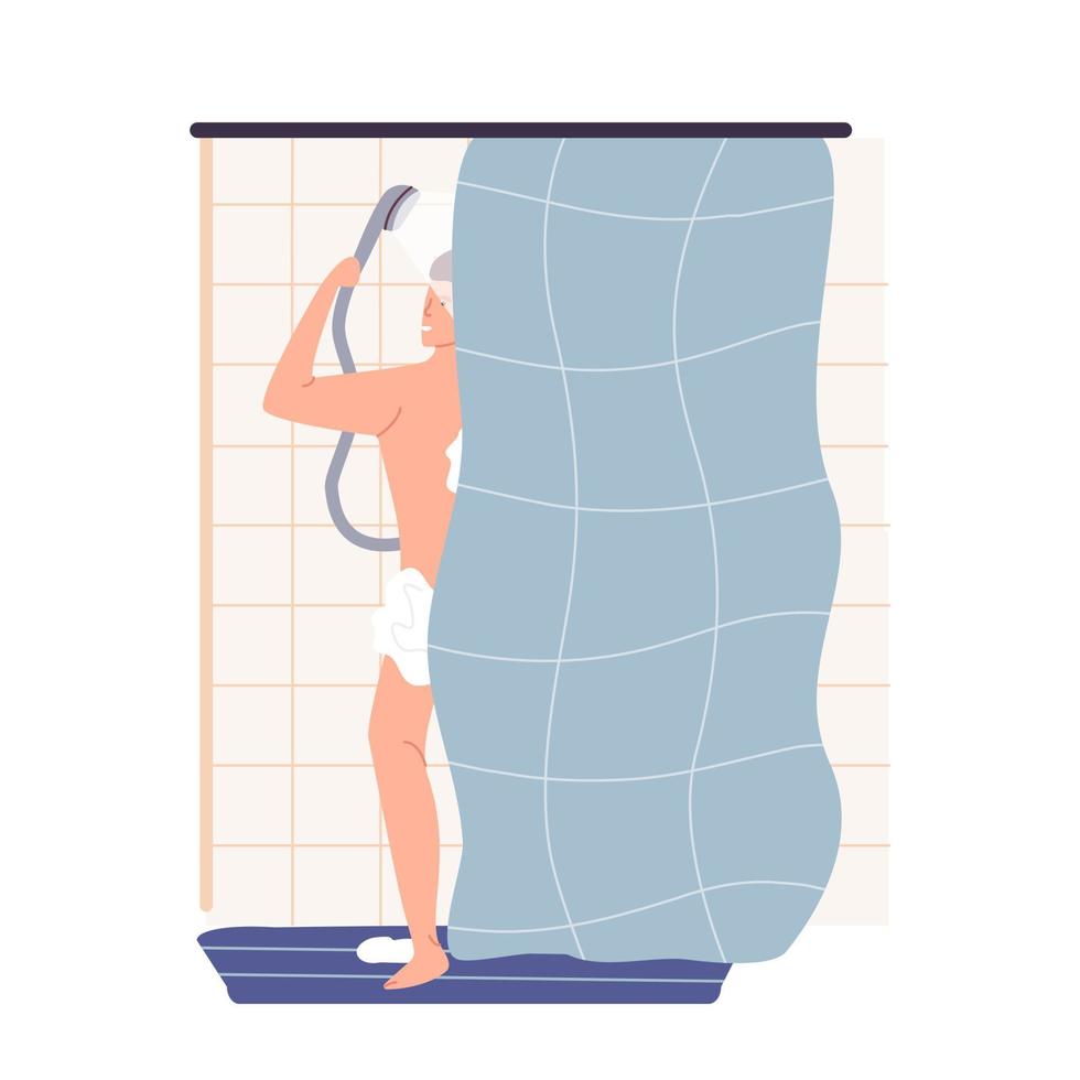 Mens nemen ochtend- douche in badkamer. karakter het wassen haarzelf. vector