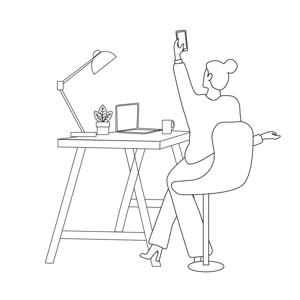 een vrouw zit in de kantoor Bij de tafel en duurt een selfie, een freelancer huis werkplek. dagelijks leven van een freelance arbeider, dagelijks routine. lijn vector illustratie