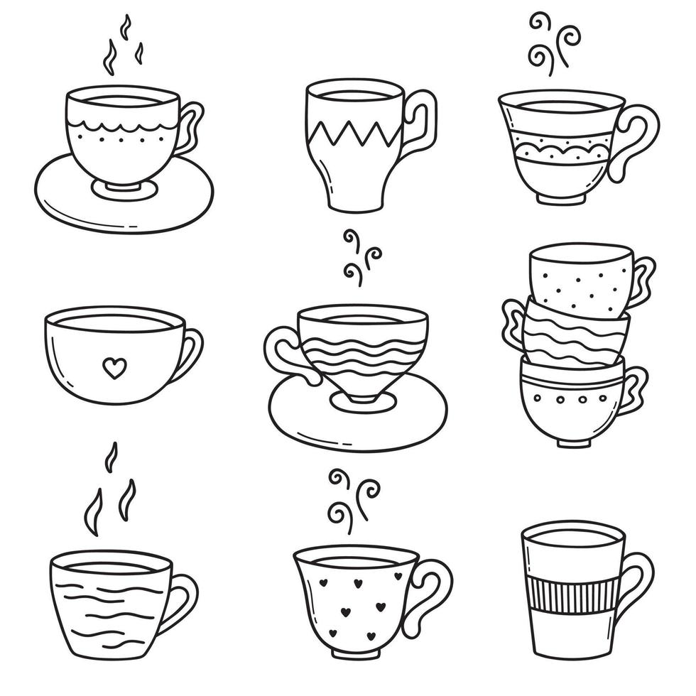hand- getrokken reeks van koffie cups of thee cups tekening. thee tijd in schetsen stijl. vector illustratie